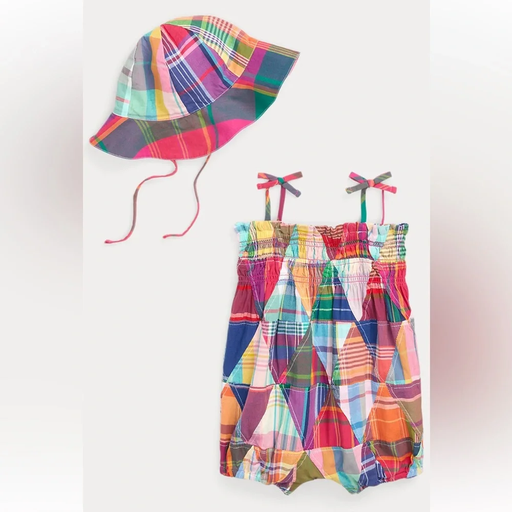 NWT Polo Ralph Lauren Baby Girl’s Madras Bubble Shortall & Hat Set Summer Preppy